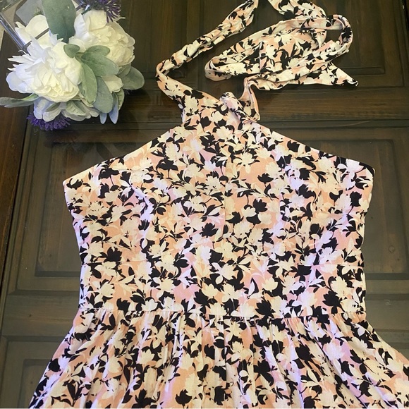 BCBGMaxAzria Linen Blend Pink Black Floral Crisscross Halter Dress - Picture 3 of 12